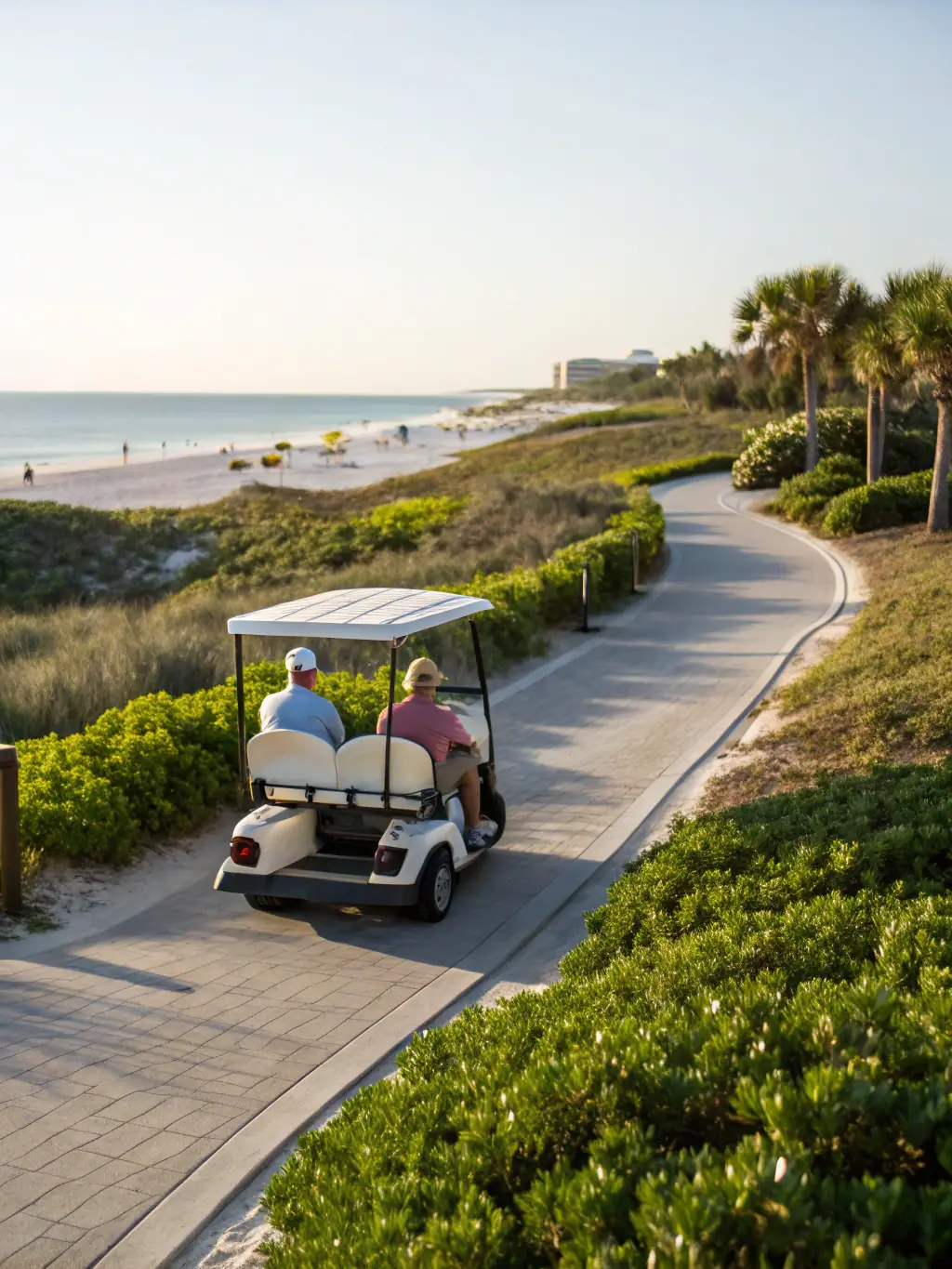 A fun image of guests cruising around the Rookery 3 community in a golf cart rented from GULF coast Vacation Rentals, with the beach visible in the background. The scene should convey convenience and exploration.