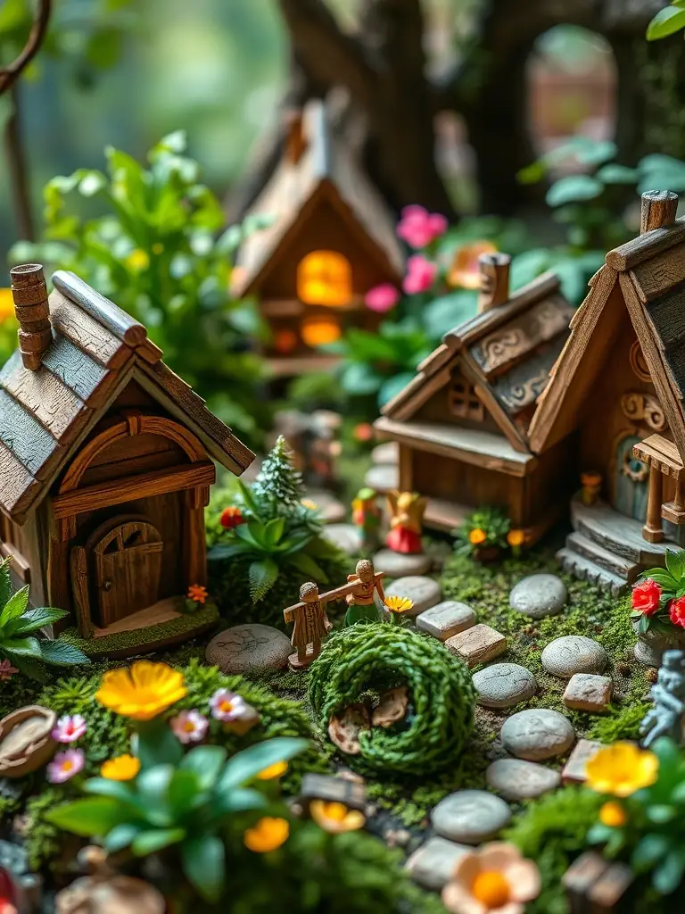 A whimsical photo of the fairy garden, featuring miniature houses, tiny figurines, and lush greenery, capturing the enchantment of the space.