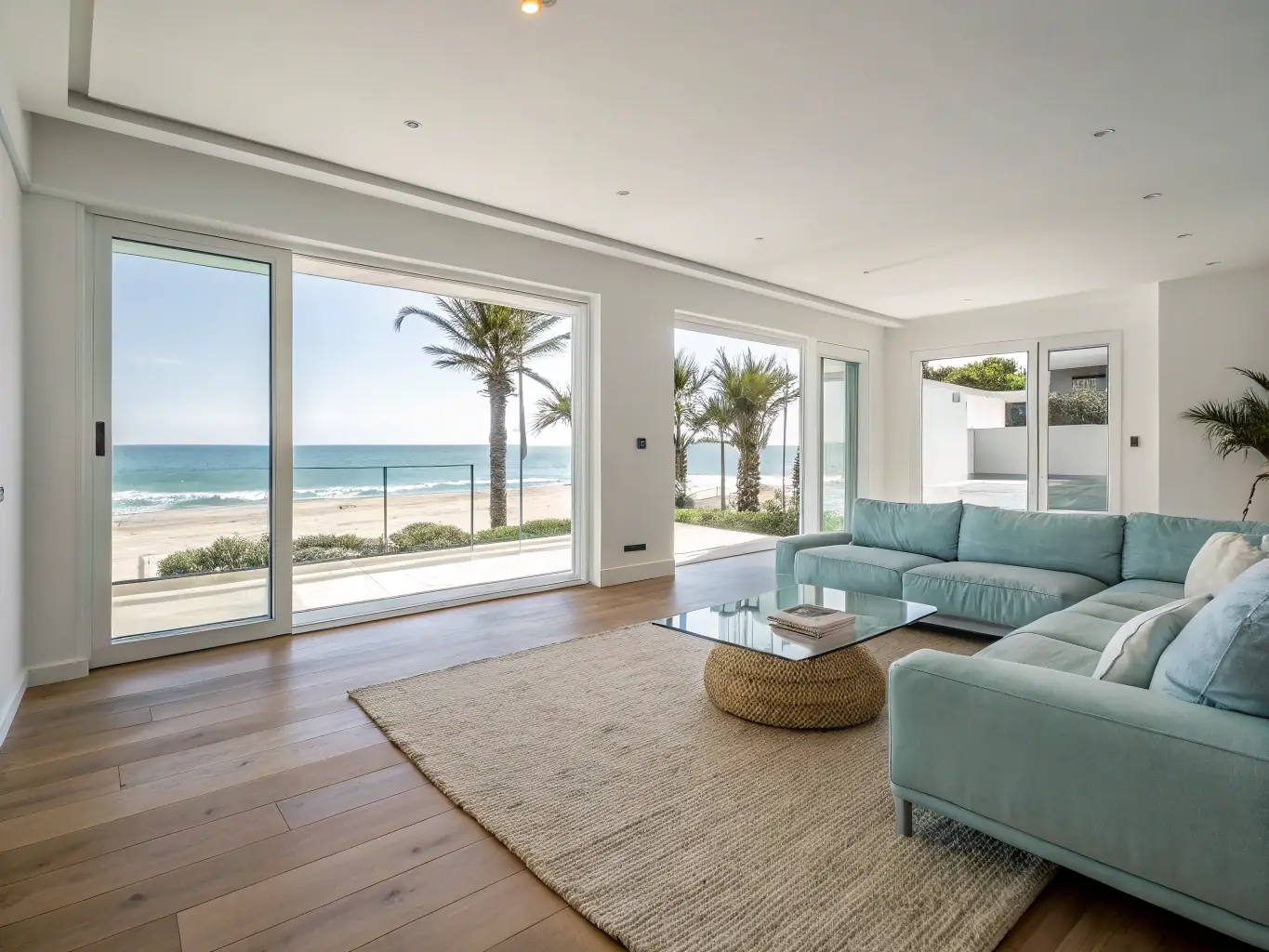 A modern, stylish condo interior with large windows showcasing a stunning Gulf Coast beach view. The living area features comfortable seating, a flat-screen TV, and tasteful decor, creating a welcoming and luxurious atmosphere.