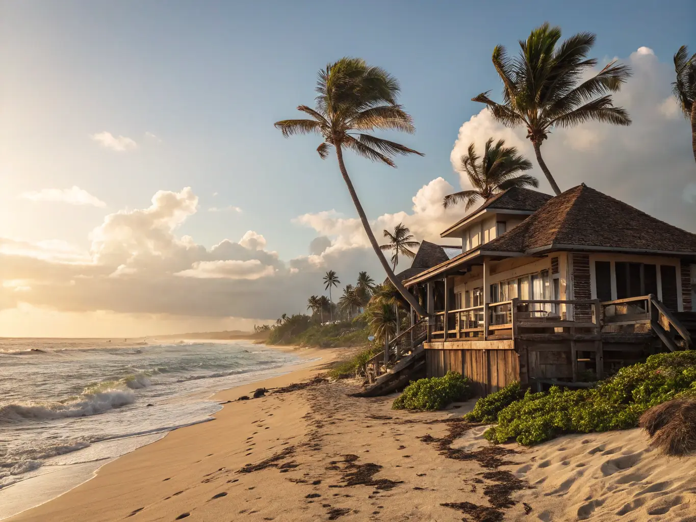A charming beach house exterior with a vibrant, colorful facade and a well-manicured lawn. The house features a spacious porch with rocking chairs, inviting guests to relax and enjoy the coastal breeze.
