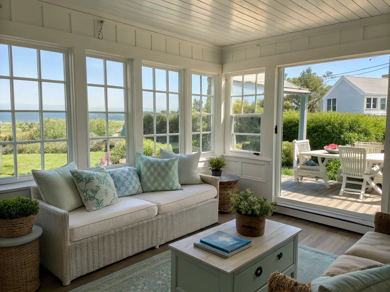 A cozy and inviting cottage interior with nautical-themed decor and comfortable furnishings. The cottage features a well-equipped kitchenette, a comfortable bed, and a private patio, creating a relaxing and intimate atmosphere.