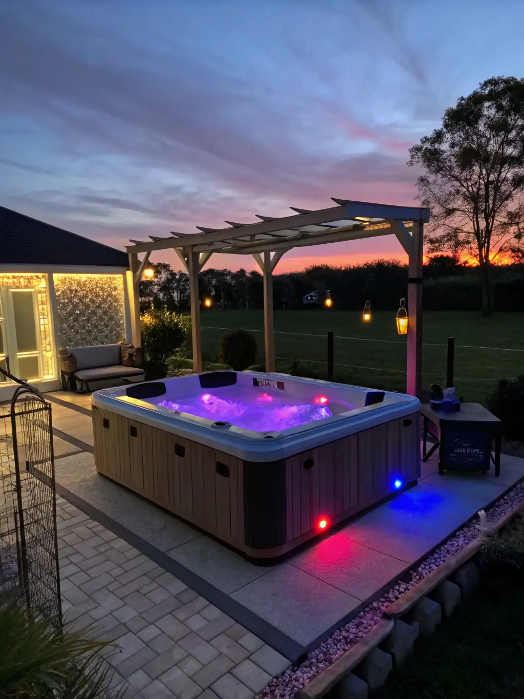 A serene photograph of the hot tub at GULF coast Vacation Rentals, surrounded by lush greenery and soft lighting. The image should evoke a sense of tranquility and rejuvenation.