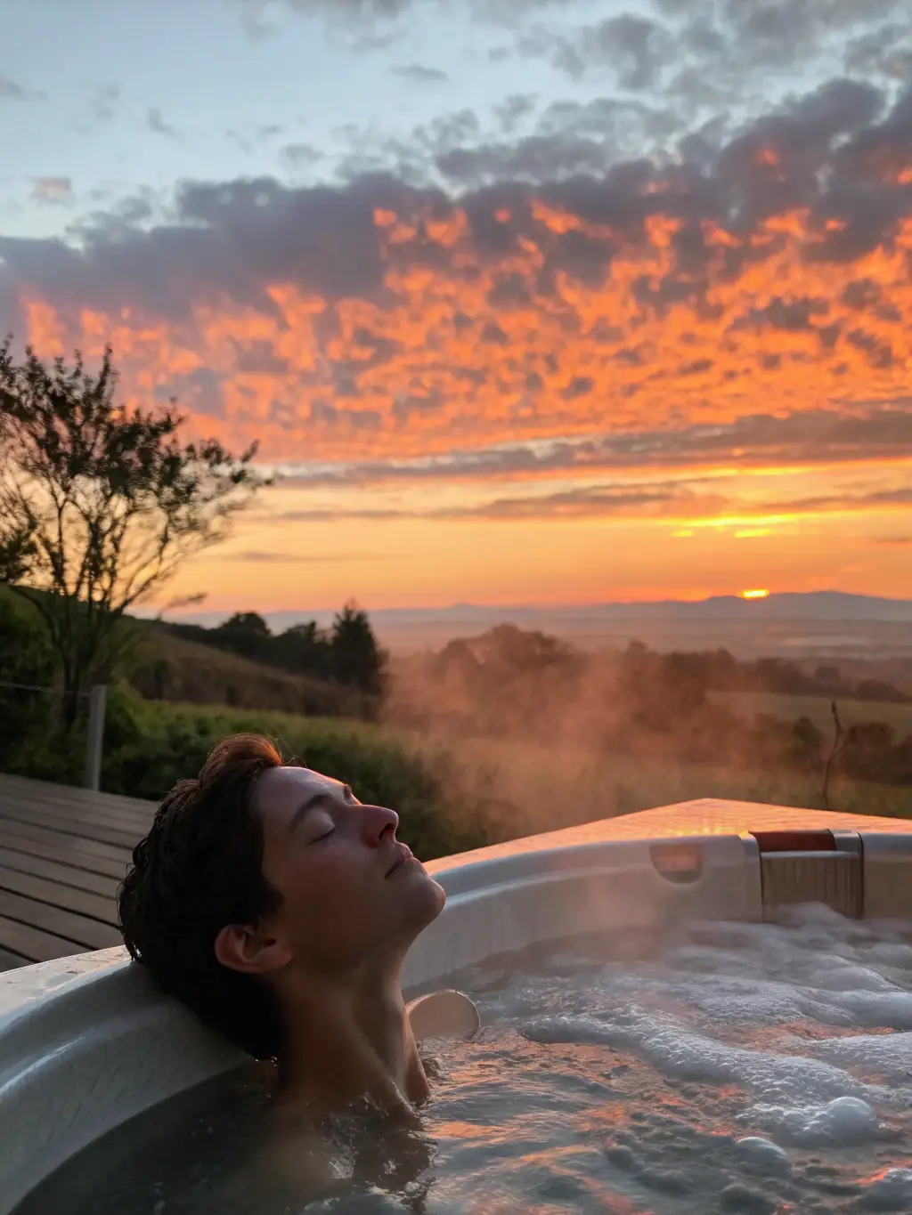 A serene image of the hot tub at dusk, with soft lighting and steam rising, creating a relaxing and inviting atmosphere.